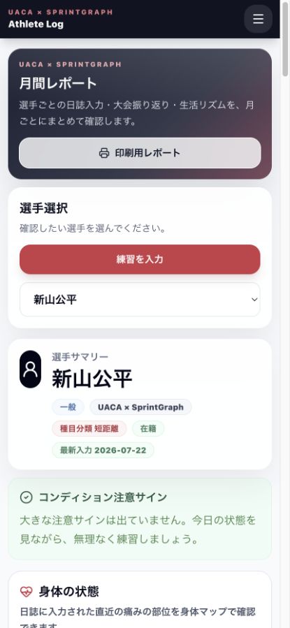 Athlete Logの月間レポート画面